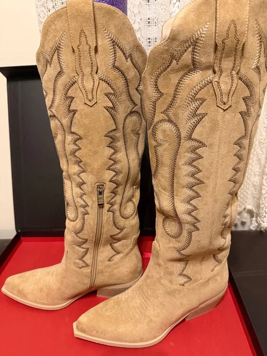 Women's Tan Faux Suede Knee-High Western Heeled Boots - Picture 6 of 9